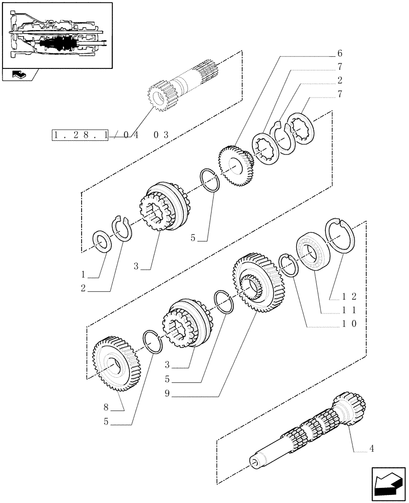 Схема запчастей Case IH FARMALL 95N - (1.28.1/04[04]) - 16X16 HYDR. TRANSM. WITH SYNCHRO GEARS AND POWER SHUTTLE - GEARS, 1,2,3 SPEEDS (VAR.330278-332278 / 743509) (03) - TRANSMISSION