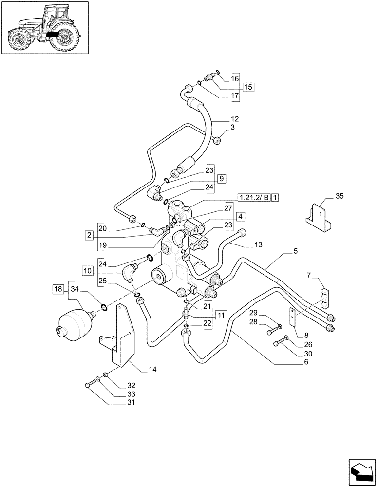 Схема запчастей Case IH MAXXUM 140 - (1.21.2/01[03]) - (CL.4) SUSPENDED FRONT AXLE W/MULTI-PLATE DIFF. LOCK - VALVE SUSPENSION CONTROL AND PIPES - D6385 (VAR.330429-330430) (03) - TRANSMISSION