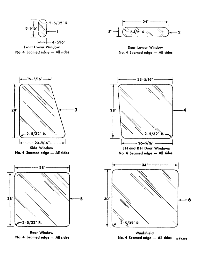 Схема запчастей Case IH 706 - (N-08) - PARTS ACCESSORIES AND ATTACHMENTS, TRACTOR CAB GLASS DIMENSIONS Accessories & Attachments