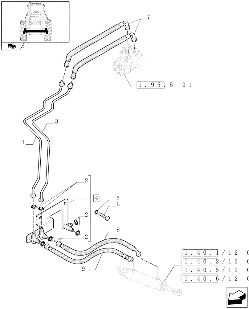 Схема запчастей Case IH MAXXUM 140 - (1.42.0/01) - SUSPENDED FRONT AXLE - STEERING CYLINDER PIPES AND POWER STEER. PIPES (VAR.330414-330427-330429-330430) (04) - FRONT AXLE & STEERING