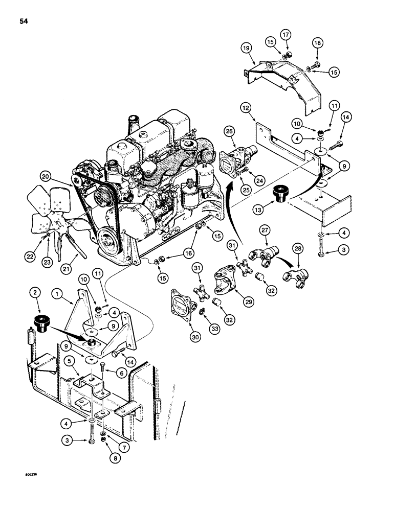 Схема запчастей Case IH 1835 - (054) - ENGINE MOUNTING, FLYWHEEL GUARD, FAN AND FAN BELT (02) - ENGINE