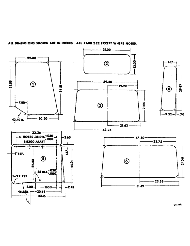Схема запчастей Case IH 1566 - (13-23) - SUPERSTRUCTURE, DELUXE TRACTOR CAB GLASS DIMENSIONS (05) - SUPERSTRUCTURE
