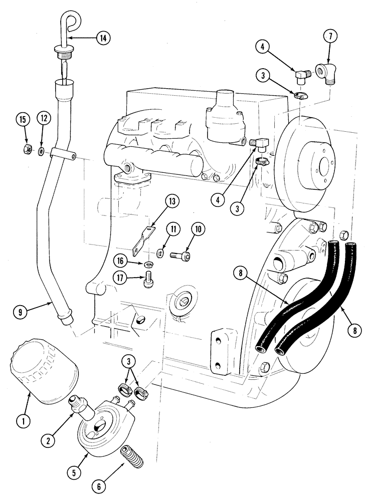 Схема запчастей Case IH 1835C - (2-40) - OIL FILL TUBE, OIL FILTER AND COOLER, TMD-20 DIESEL ENGINE (02) - ENGINE