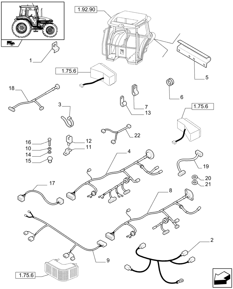 Схема запчастей Case IH FARMALL 90 - (1.75.4[02A]) - AUXILIARY CABLES - D6480 (06) - ELECTRICAL SYSTEMS