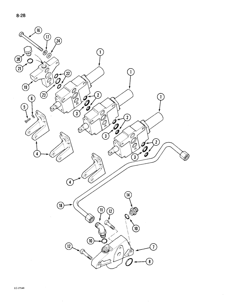 Схема запчастей Case IH 895 - (8-28) - REMOTE AUXILIARY VALVES, FIRST, SECOND, OR THIRD BANK MOUNTING, WITHOUT CAB (08) - HYDRAULICS