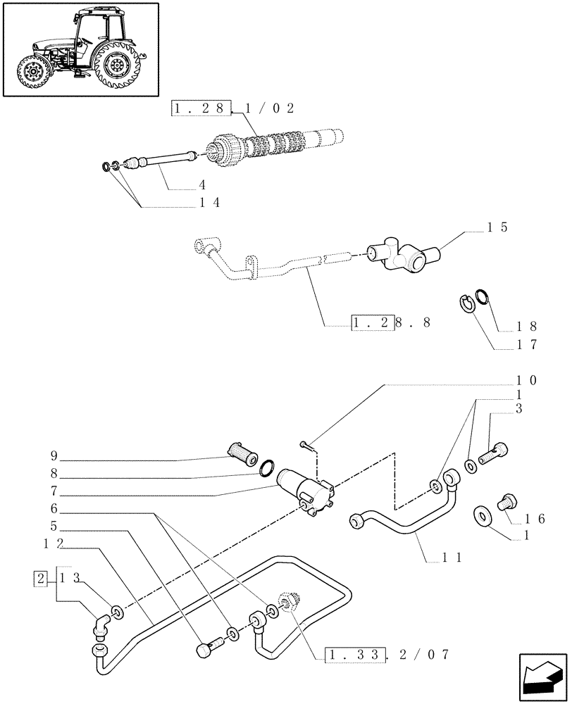 Схема запчастей Case IH JX1095C - (1.28.8/05) - (VAR.066-068-464) 12X12 (40 KM/H) TRANSMISSION W/POWER SHUTTLE - OIL FILTER, UNIONS (03) - TRANSMISSION