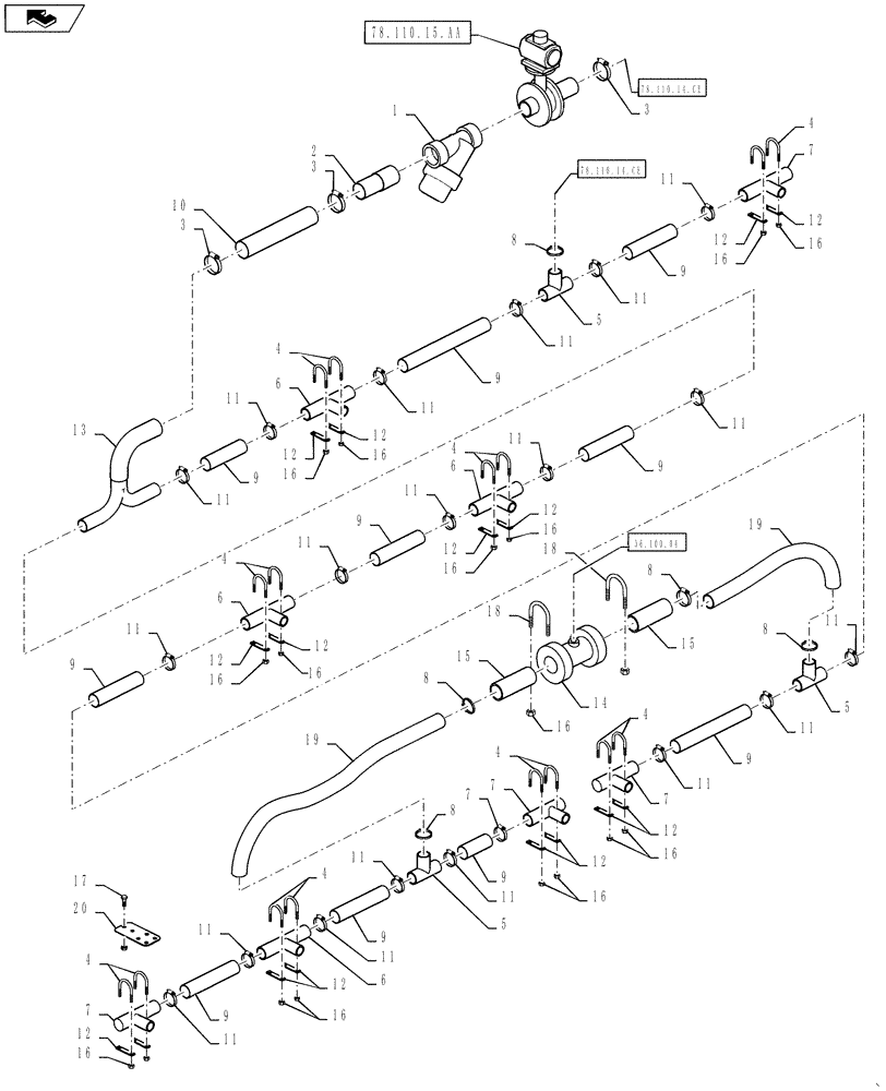 Схема запчастей Case IH 610 - (78.110.14.CD) - BOOM PLUMBING, 60/85 BOOM, 60" SPACING, LH BOOM (78) - SPRAYING