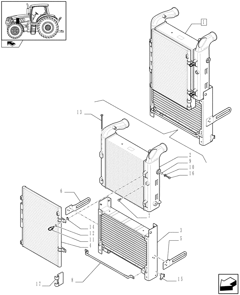 Схема запчастей Case IH PUMA 155 - (1.17.0/01A) - INTERCOOLER, TRANSM. OIL COOLER AND AIR CONDITIONING CONDENSER - BREAKDOWN (02) - ENGINE EQUIPMENT
