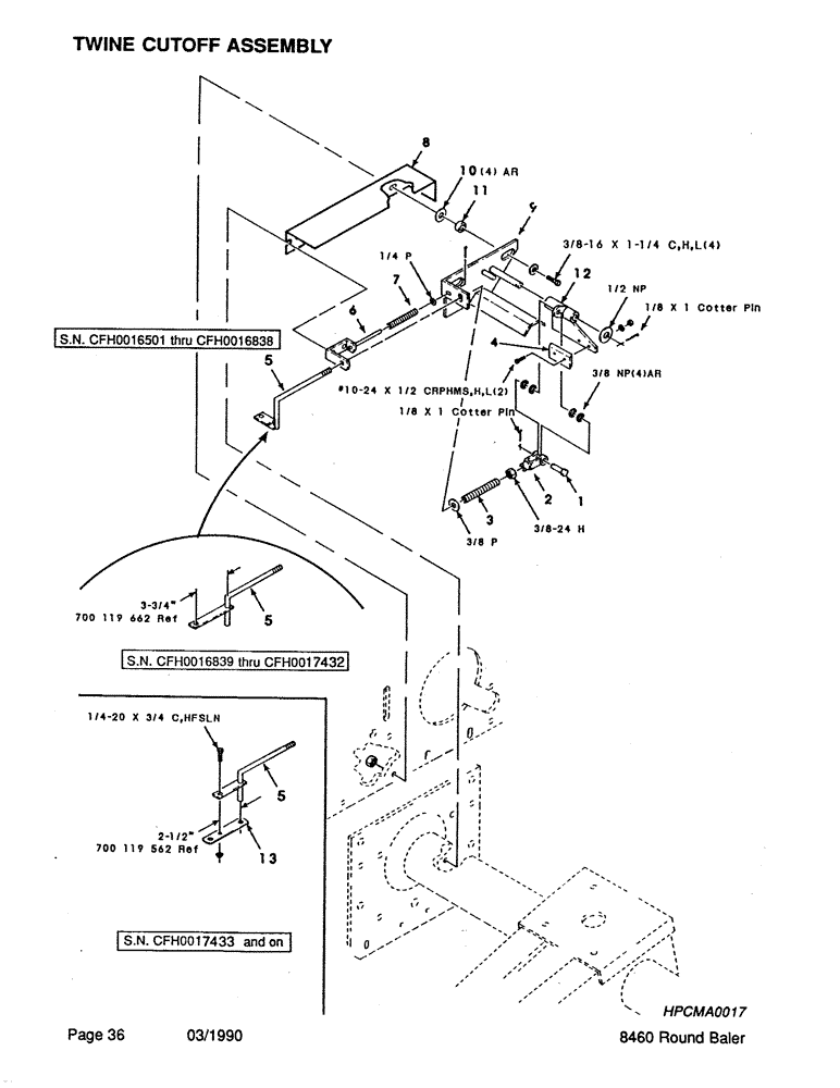 Схема запчастей Case IH 8460 - (036) - TWINE CUTOFF ASSEMBLY (14) - BALE CHAMBER