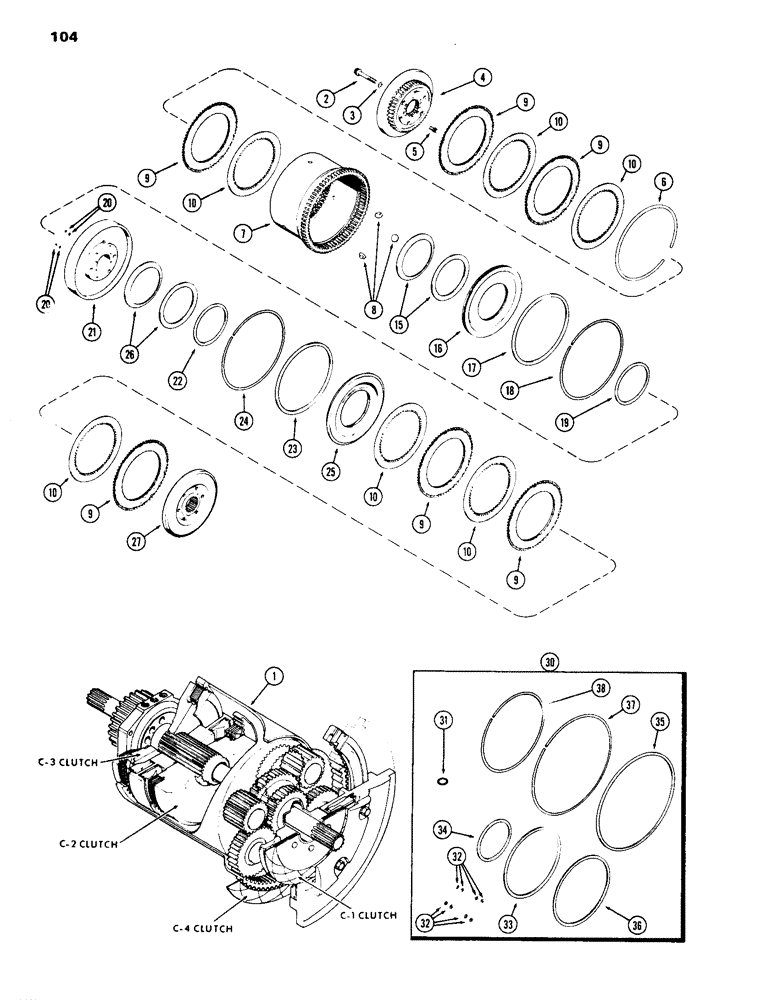 Схема запчастей Case IH 1070 - (104) - C-2 AND C-3 CLUTCH PACK, POWER SHIFT (06) - POWER TRAIN