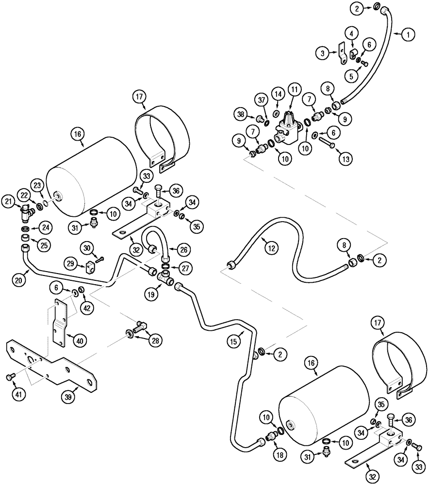 Схема запчастей Case IH MX100C - (07-09) - TRAILER BRAKE PNEUMATIC TANK AND PIPES, EUROPE ONLY (07) - BRAKES