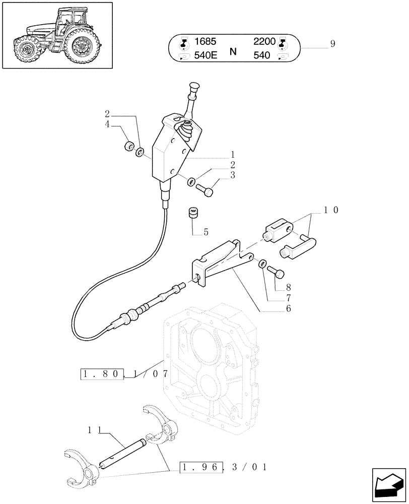 Схема запчастей Case IH JX1080U - (1.96.3/04) - (VAR.818) POWER TAKE OFF - 540-750 RPM - CONTROL PARTS (10) - OPERATORS PLATFORM/CAB