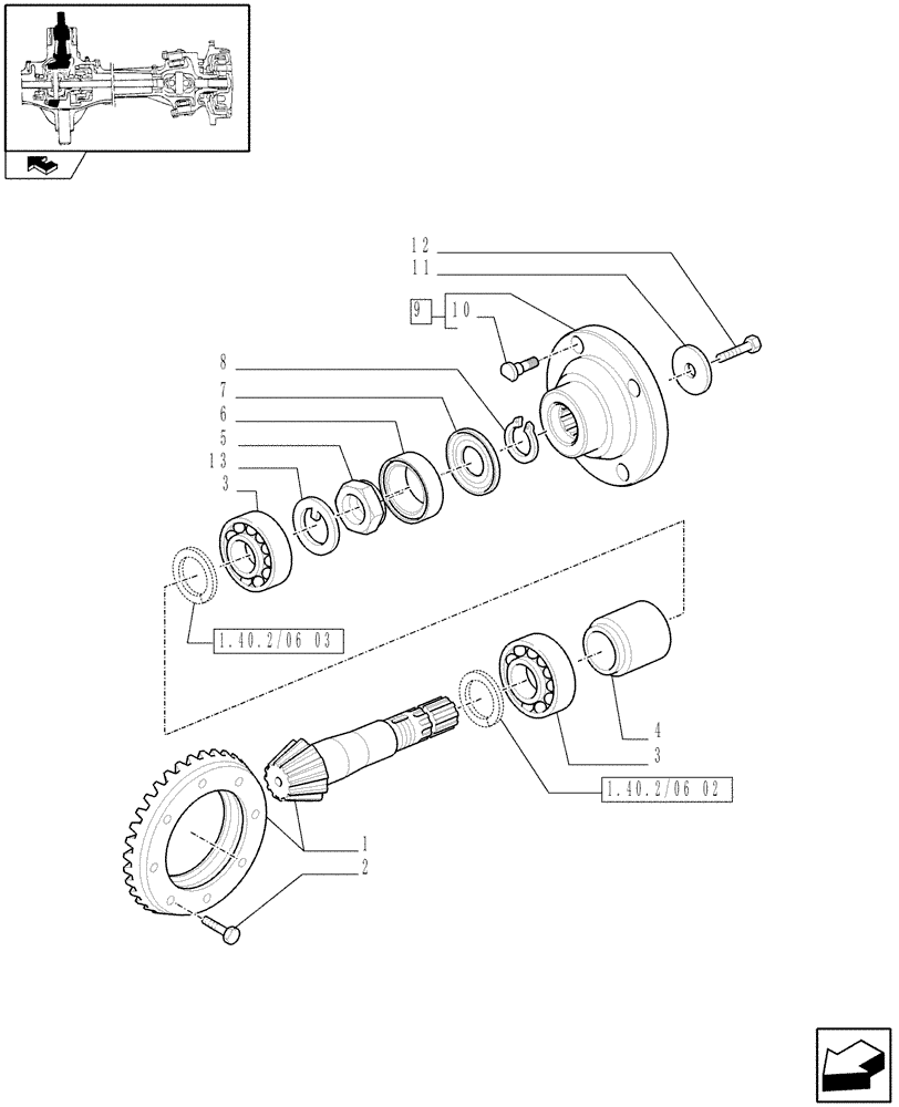 Схема запчастей Case IH MAXXUM 110 - (1.40.2/06[01]) - (CL.3) SUSPENDED FRONT AXLE WITH HYDR. DIFFER. LOCK, STEERING SENSOR AND BRAKES - BEVEL GEAR PAIR (VAR.330427) (04) - FRONT AXLE & STEERING