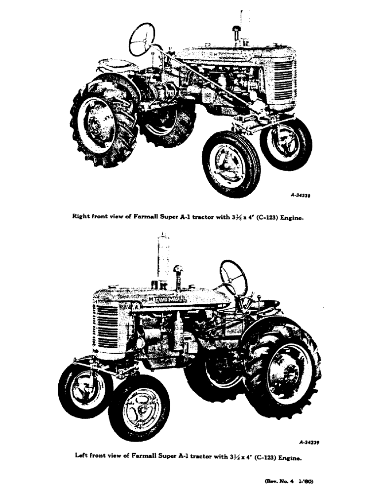 Схема запчастей Case IH SUPER A-1 - (005) - RIGHT AND LEFT FRONT VIEW OF FARMALL SUPER A-1 TRACTOR WITH 3.1/8 X 4 INCHES, C-123 ENGINE (00) - GENERAL