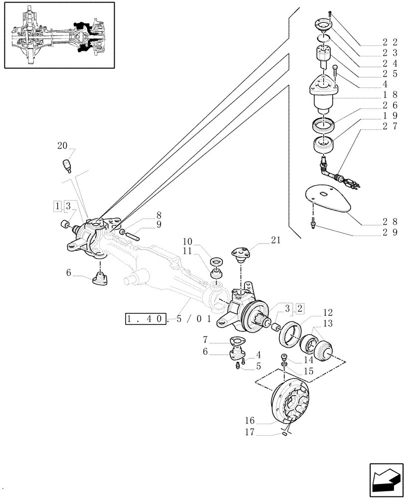 Схема запчастей Case IH MXM140 - (1.40.5/02[01A]) - (VAR.452/1) 4WD FRONT AXLE WITH SUSPENSIONS, BRAKE, TERRALOCK, SPS - STEERING PIVOT PINS - D5196 (04) - FRONT AXLE & STEERING