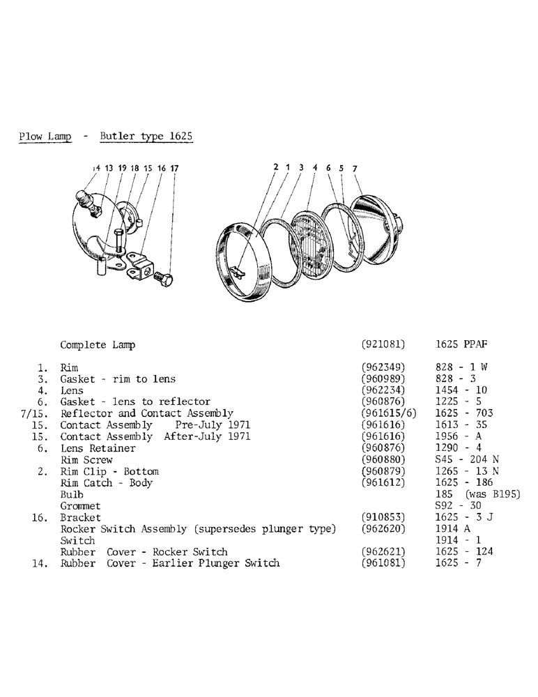 Схема запчастей Case IH DAVID BROWN - (9) - PLOW LAMP - BUTLER TYPE 1625 