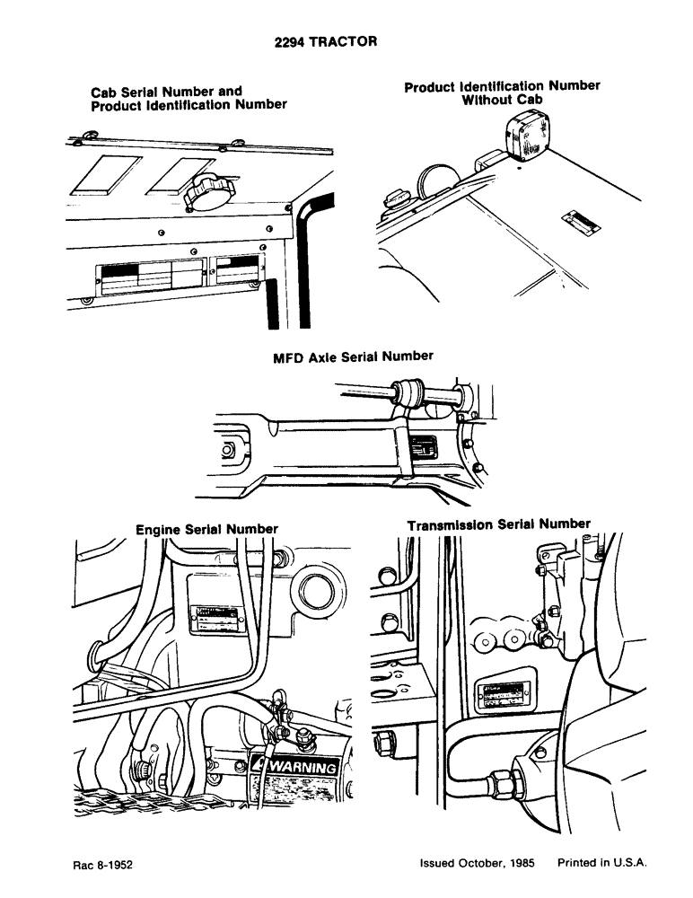 Схема запчастей Case IH 2294 - (1-004) - CAB S/N & PRODUCT IDENTIFICATION NUMBER, ENGINE S/N, PRODUCT IDENTIFICATION NUMBER WITHOUT CAB (00) - PICTORIAL INDEX
