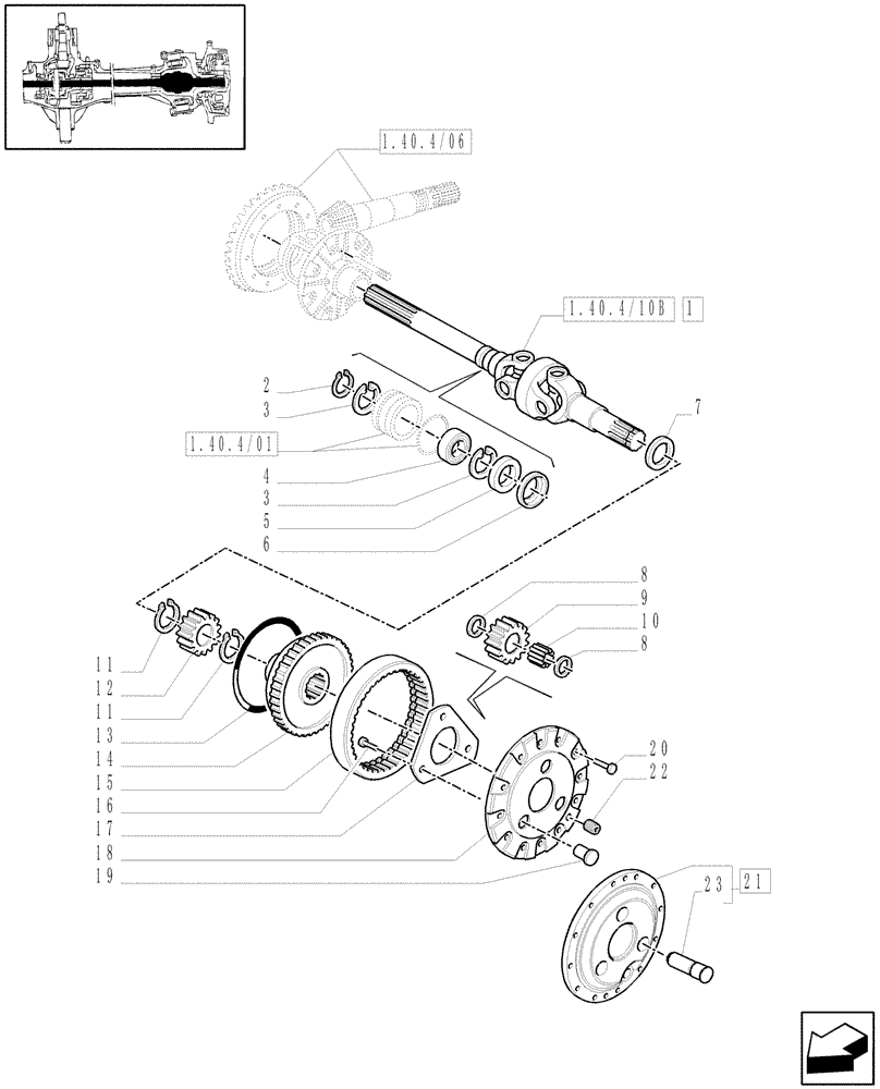 Схема запчастей Case IH MXU110 - (1.40.4/10[02]) - (VAR.359/1) 4WD FRONT AXLE W/SUSPENSIONS AND TERRALOCK, BRAKES - GEARS AND DIFFERENTIAL SHAFT (04) - FRONT AXLE & STEERING