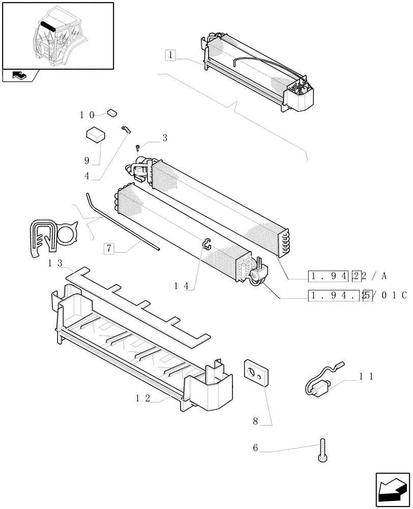 Схема запчастей Case IH FARMALL 85U - (1.94.2/01B) - AIR CONDITIONING - RADIATOR CORES AND EVAPORATOR (VAR.330641-331641) (10) - OPERATORS PLATFORM/CAB