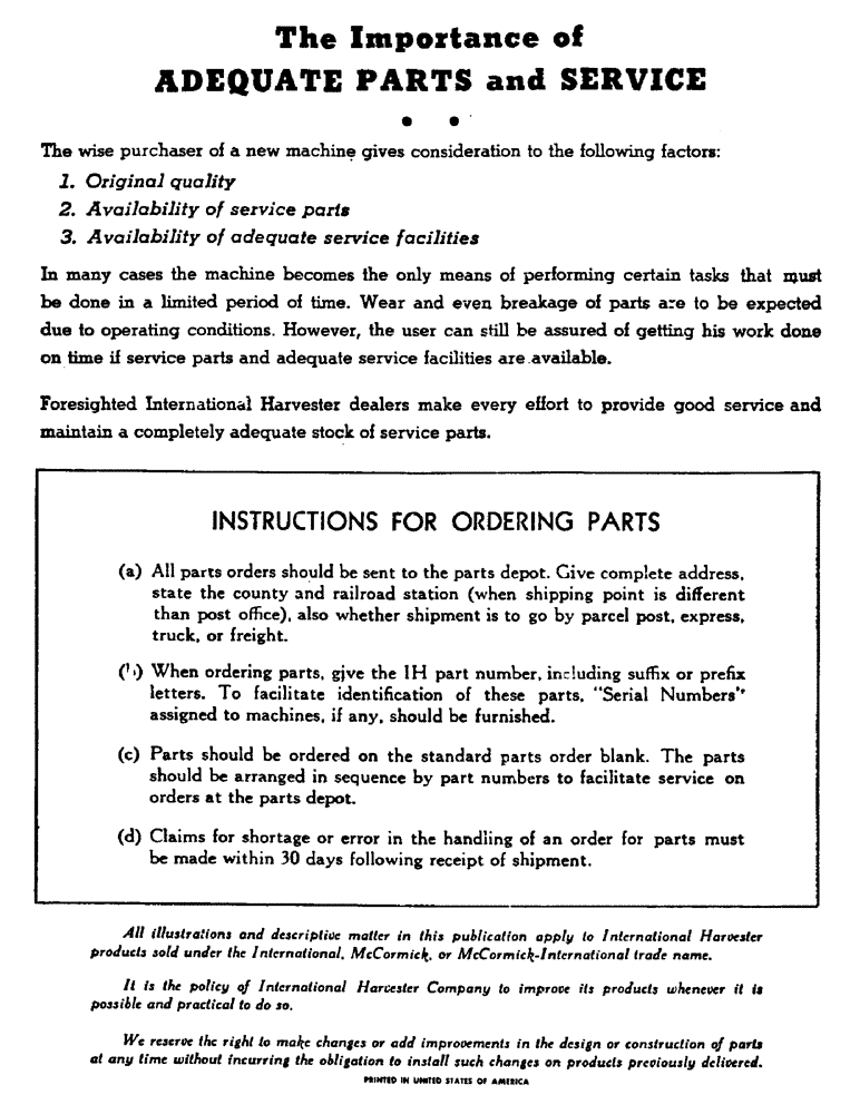 Схема запчастей Case IH 1501 - (2) - THE IMPORTANCE OF ADEQUATE PARTS AND SERVICE 