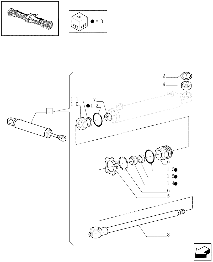 Схема запчастей Case IH PUMA 195 - (1.40.2/12A) - (VAR.463) 4WD FRONT AXLE WITH ACTIVE SUSPENSIONS - HYDRAULIC STEERING CYLINDER - BREAKDOWN (04) - FRONT AXLE & STEERING