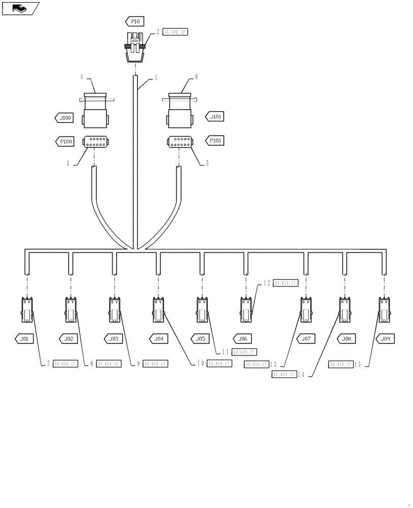 Схема запчастей Case IH 4430 - (55.100.35) - AIM COMMAND HARNESS, 5 - 6 SECTION, 90 BOOM, OUTER SECTION, 9 NOZZLES (55) - ELECTRICAL SYSTEMS