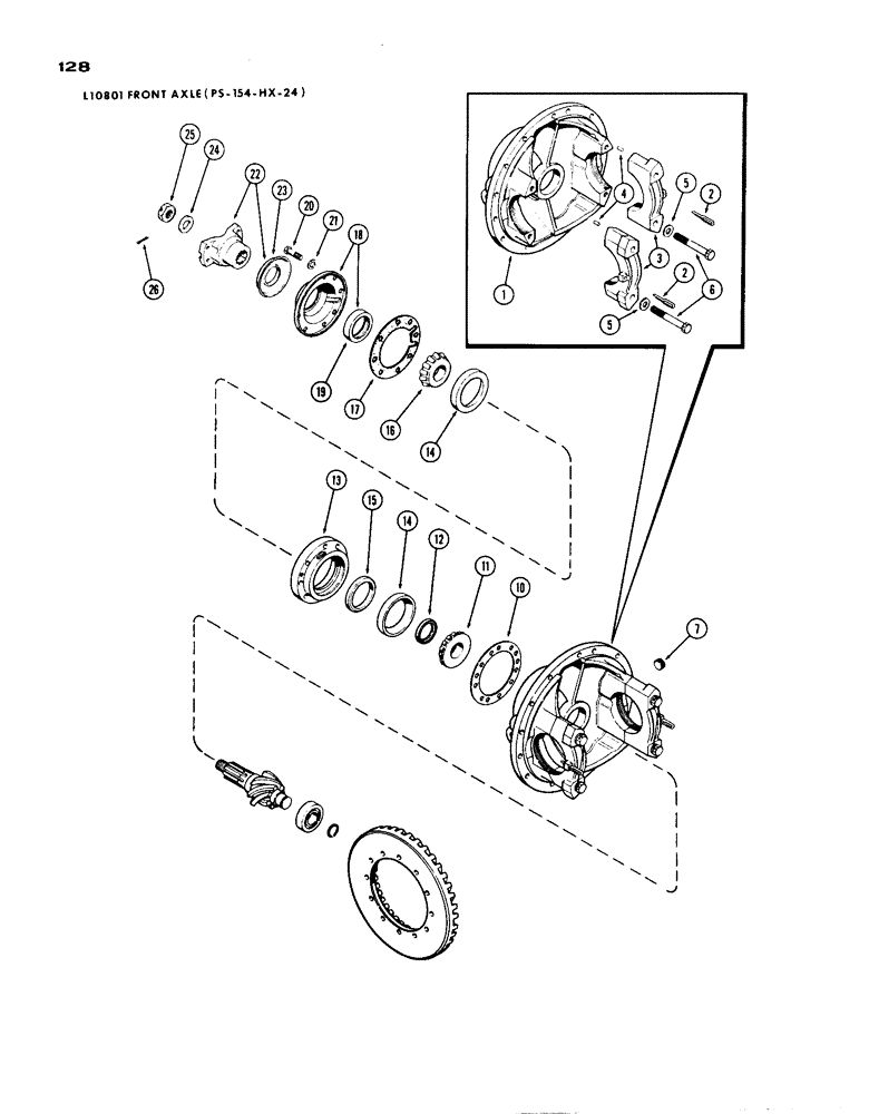 Схема запчастей Case IH 1200 - (128) - L10801 FRONT AXLE DIFFERENTIAL, 19.03 RATIO WITH CARDON JOINT (06) - POWER TRAIN