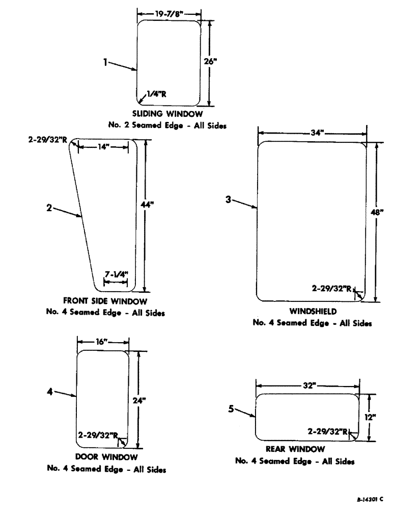 Схема запчастей Case IH 403 - (236) - CAB WINDOW GLASS DIMENSIONS, 37-3/4 IN. WIDE CAB WITH REAR SIDE AIR FILTER (90) - PLATFORM, CAB, BODYWORK AND DECALS