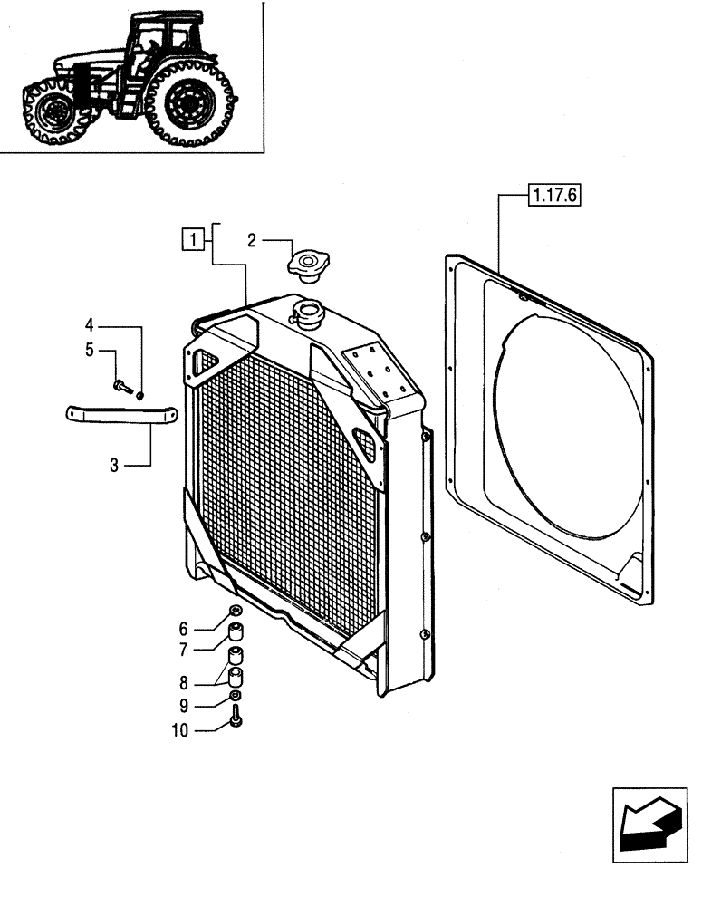 Схема запчастей Case IH JX90 - (1.17.0[01]) - RADIATOR - CAP AND BRACKET (02) - ENGINE EQUIPMENT