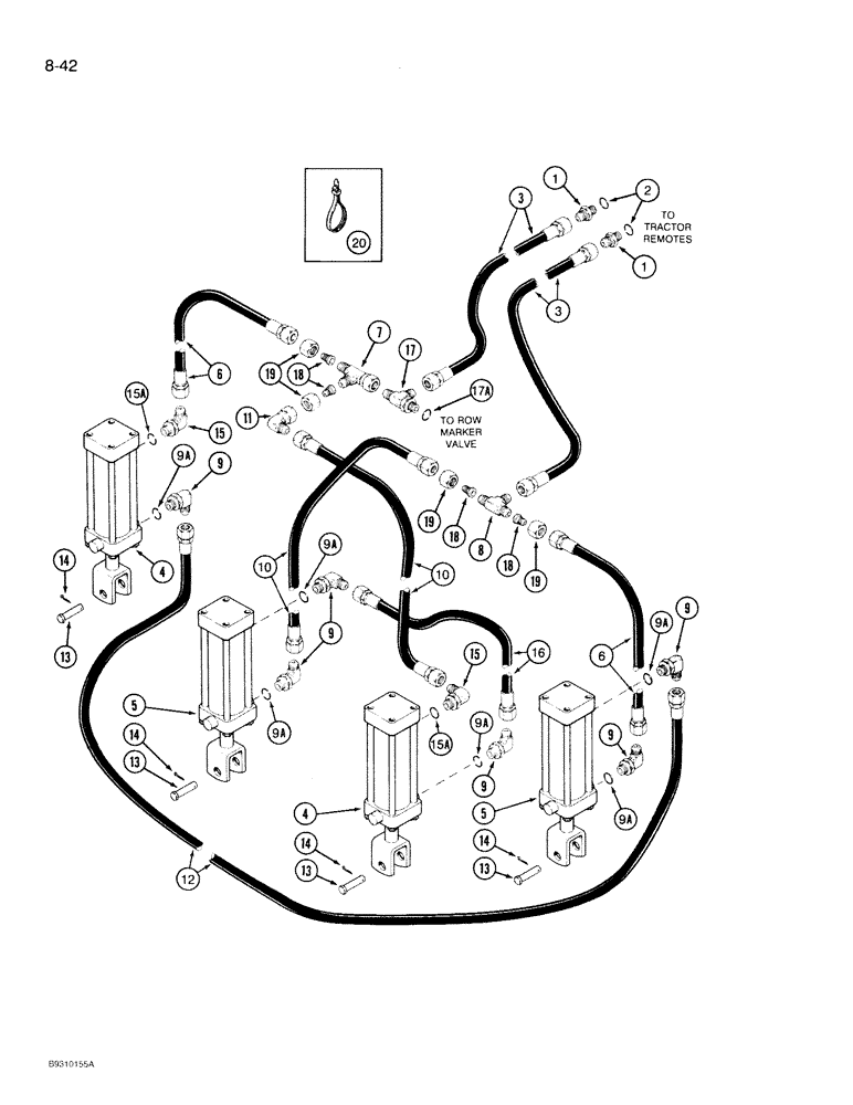 Схема запчастей Case IH 950 - (8-042) - CARRYING WHEEL HYDRAULIC SYSTEM, 6 ROW WIDE, RIGID, 8 ROW NARROW, RIGID (08) - HYDRAULICS