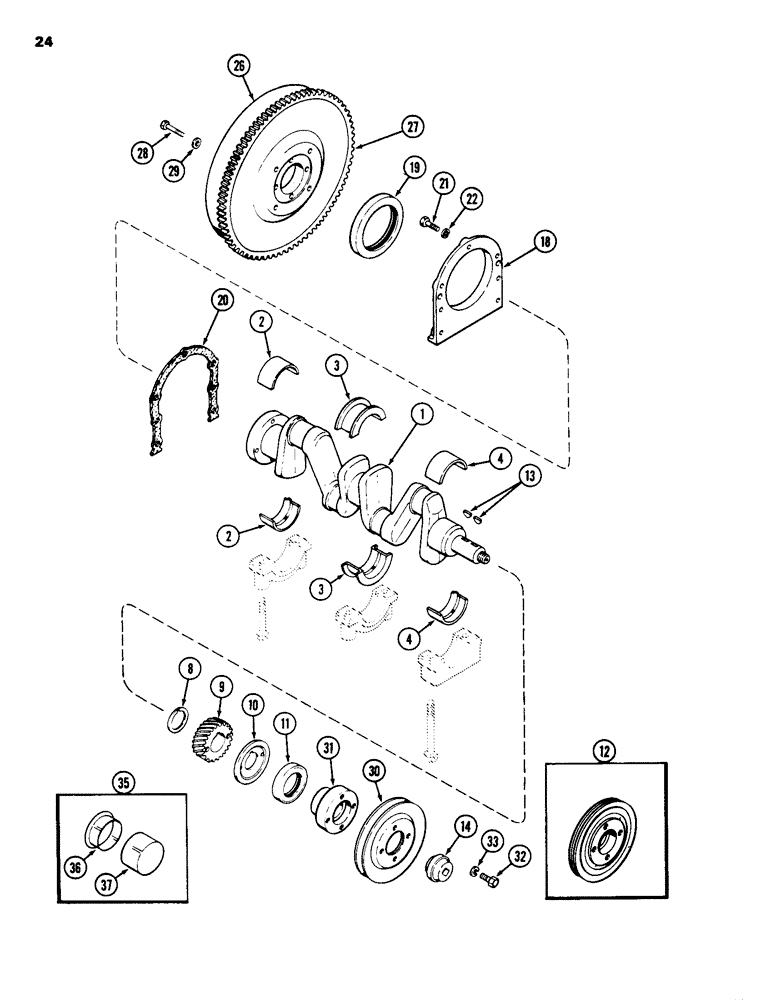 Схема запчастей Case IH 1835 - (024) - CRANKSHAFT AND FLYWHEEL, 148B SPARK IGNITION ENGINE (02) - ENGINE