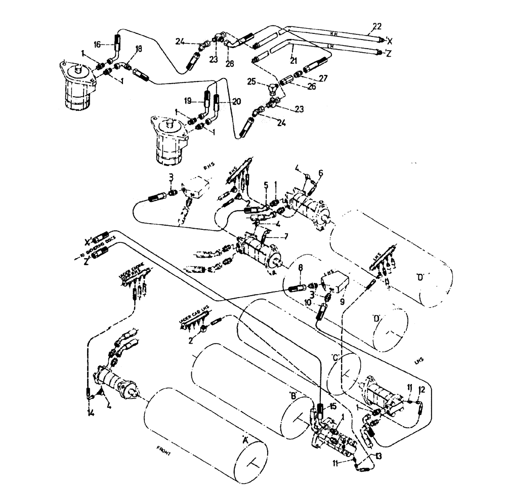 Схема запчастей Case IH 7000 - (B05-60) - HYDRAULIC CIRCUIT (TOP ROLLERS - ROTARY CHOPPER), UP TO AND Hydraulic Components & Circuits