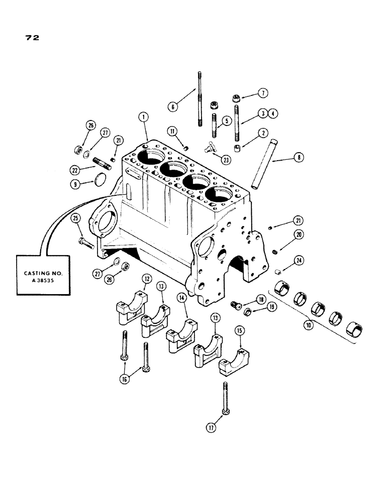 Схема запчастей Case IH 430 - (072) - CYLINDER BLOCK ASSEMBLY, 43O-530, 188, DIESEL ENGINE, FIRST USED ENGINE SERIAL NUMBER 2656844 (02) - ENGINE