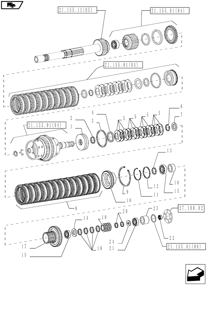 Схема запчастей Case IH MAGNUM 190 - (21.155.01[05]) - CENTRAL REDUCTION GEARS, FAST/SLOW RANGE CLUTCH, WITH POWERSHIFT TRANSMISSION (21) - TRANSMISSION