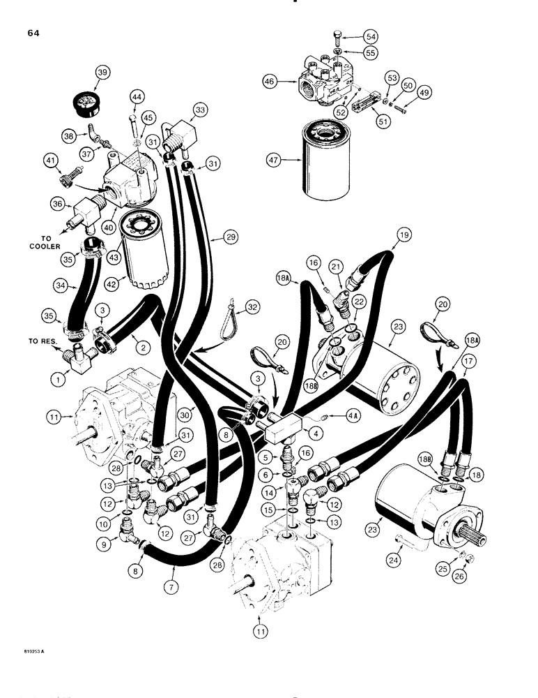 Схема запчастей Case IH 1816C - (064) - DRIVE HYD. CIRCUIT, W/VERT MOUNTED FILTER, IF USED, HYD.TANK TO MOTORS TO VARIABLE DISPLACMENT PUMPS (06) - POWER TRAIN