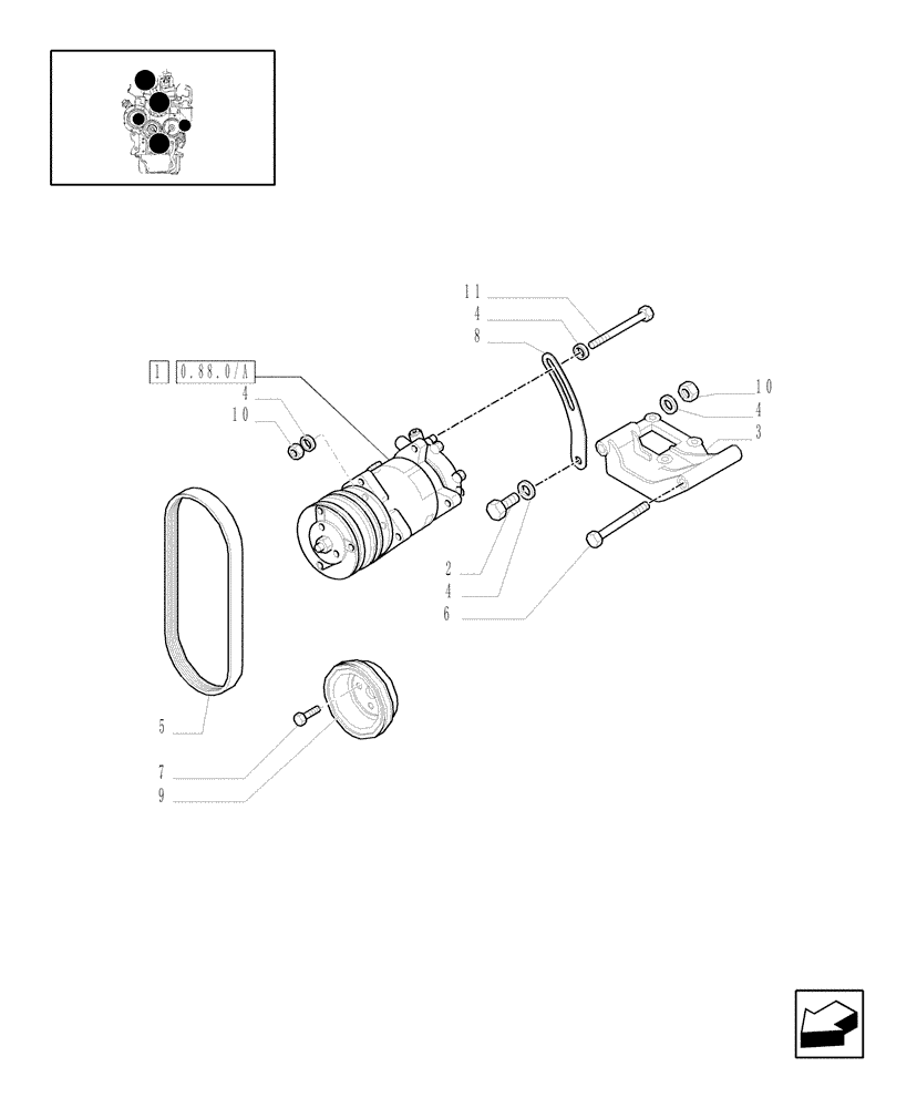 Схема запчастей Case IH JX1095C - (0.88.0[01]) - (VAR.577-608) AIR CONDITIONING UNIT - BELTS & PULLEYS - COMPRESSOR (01) - ENGINE