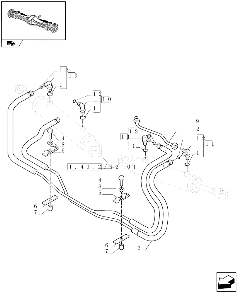 Схема запчастей Case IH MAXXUM 140 - (1.40.2/12[02]) - (CL.3) SUSPENDED FRONT AXLE WITH HYDR. DIFFER. LOCK, STEERING SENSOR AND BRAKES - CYLINDERS PIPES (VAR.330427) (04) - FRONT AXLE & STEERING