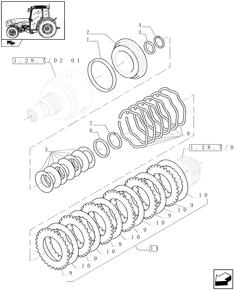 Схема запчастей Case IH FARMALL 105N - (1.28.7/02[02]) - 16X16 HYDR. TRANSMISSION WITH SYNCHRO GEARS AND POWER SHUTTLE - CLUTCH PLATES (VAR.330278-332278 / 743509) (03) - TRANSMISSION