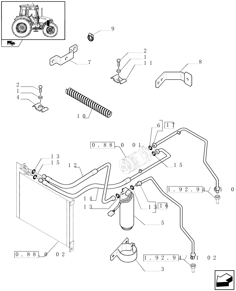 Схема запчастей Case IH FARMALL 60 - (0.88.0[03]) - AIR CONDITIONING UNIT - FILTER AND BRACKET (VAR.330641-336641) (01) - ENGINE
