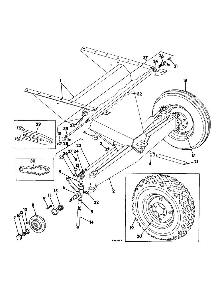 Схема запчастей Case IH 403 - (114) - GUIDE WHEEL AXLE, SUPPORT, RIM DISC, TIRE AND TUBE, GRAIN (27) - REAR AXLE SYSTEM