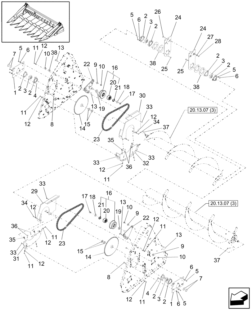 Схема запчастей Case IH 2412-30 - (20.13.07[2]) - AUGER DRIVE, DOUBLE, DRIVEN SIDE, PIN CBJ030601 AND AFTER (58) - ATTACHMENTS/HEADERS