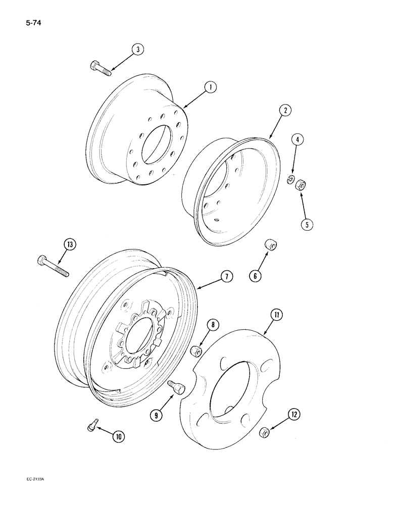 Схема запчастей Case IH 895 - (5-74) - FRONT WHEELS, TWO WHEEL DRIVE TRACTOR, 10 INCH SPLIT WHEEL (05) - STEERING