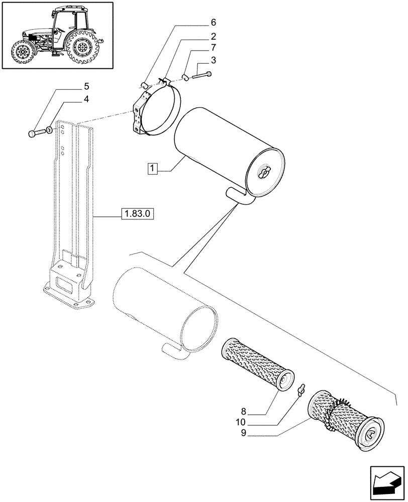 Схема запчастей Case IH JX1095C - (1.19.1/01[02]) - (VAR.199) AIR FILT. DUST EJECT. W/EXHA. GUARD SHIELD FOR VERTIC. EXHAUST -DRY AIR CLEANER-W/CAB (02) - ENGINE EQUIPMENT