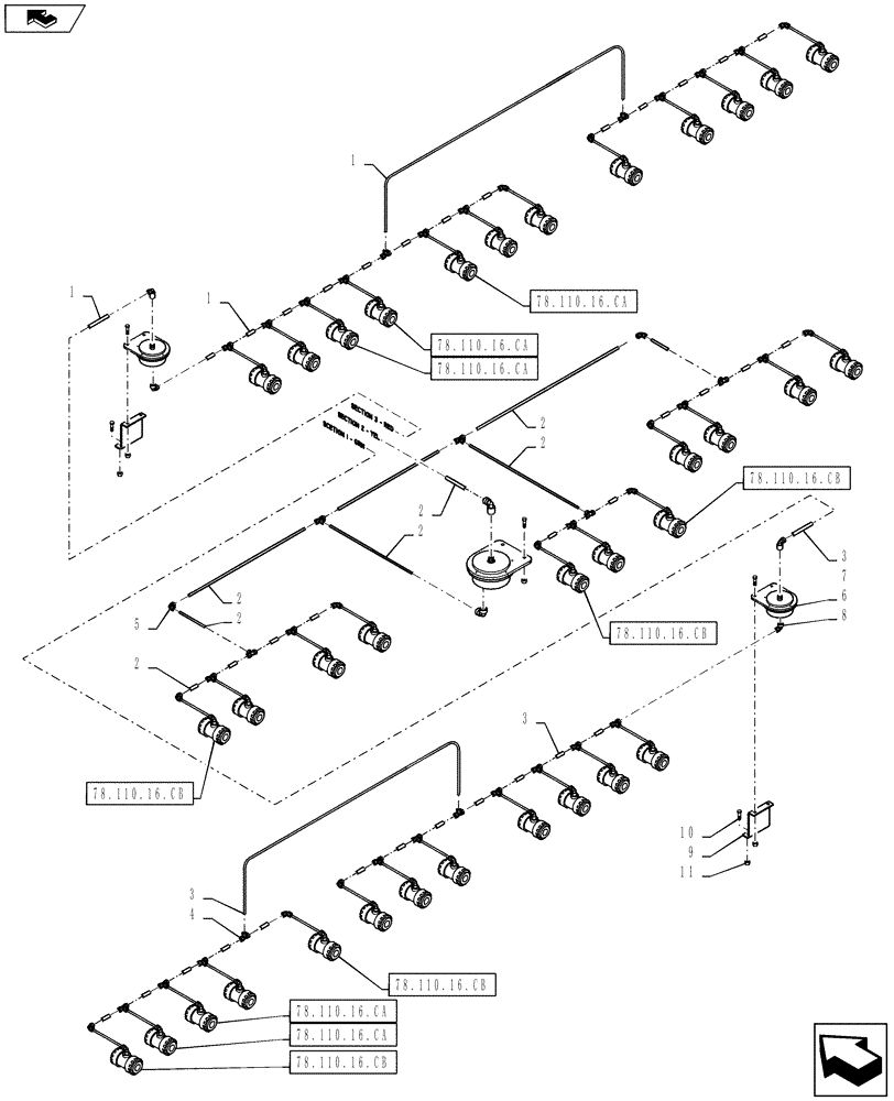 Схема запчастей Case IH 610 - (78.110.16.BA) - NOZZLE PLUMBING, 60/85 BOOM, 30"/60" SPACING, 3 SECTION CONTROL (78) - SPRAYING