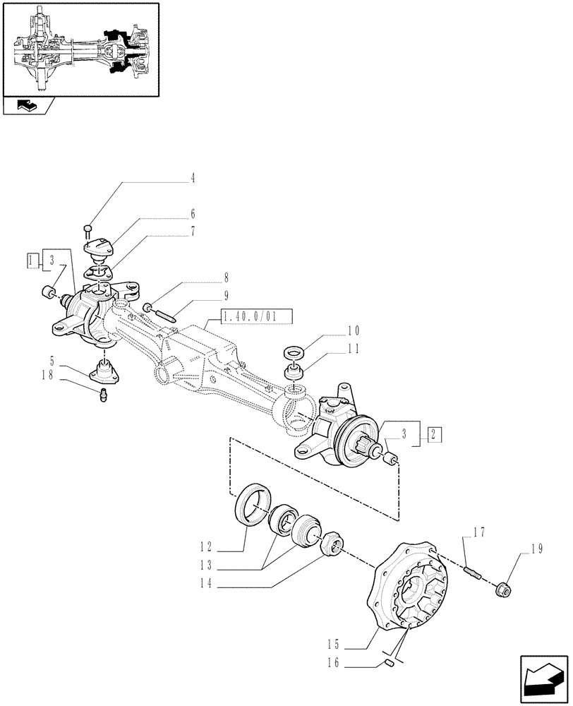 Схема запчастей Case IH PUMA 125 - (1.40. 0/02) - (CL.3) FRONT AXLE WITH DOG CLUTCH LESS STEERING SENSOR - HUBS (04) - FRONT AXLE & STEERING