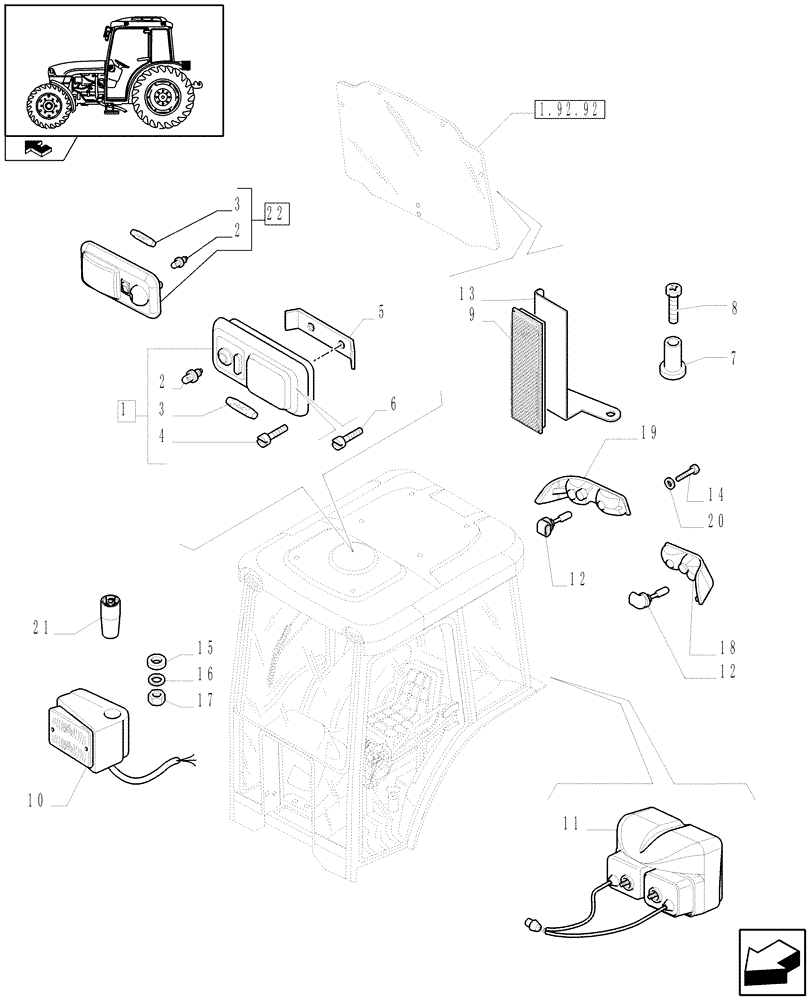 Схема запчастей Case IH FARMALL 95C - (1.92.76/05) - LIGHTS FOR RH DRIVE MARKETS - NA - W/CAB (VAR.332715) (10) - OPERATORS PLATFORM/CAB