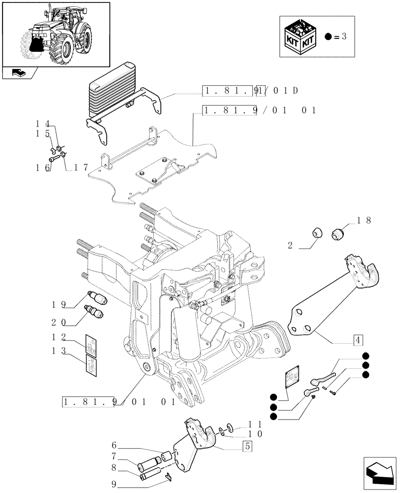 Схема запчастей Case IH PUMA 165 - (1.81.9/03[02]) - (VAR.091) FRONT HPL FOR MID MOUNT REMOTES WITH PTO, WITH AUX. COUPLERS - LINK AND ARMS - C6726 (07) - HYDRAULIC SYSTEM