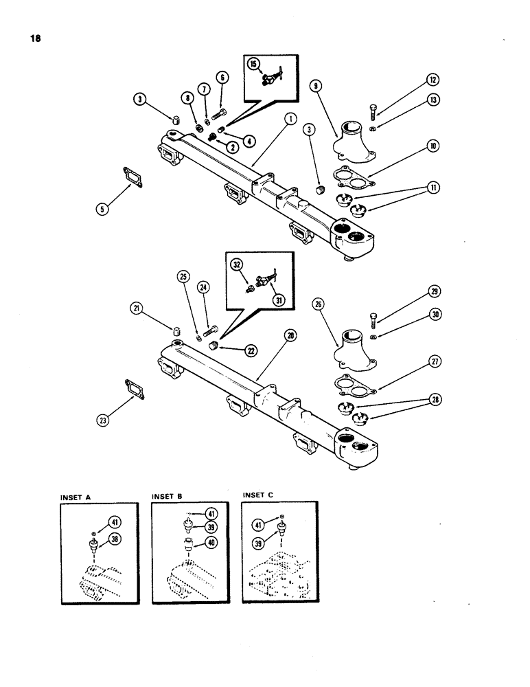 Схема запчастей Case IH 970 - (018) - WATER MANIFOLD AND THERMOSTAT, (401B) DIESEL ENGINE, WITH ALUMINUM MANIFOLD (02) - ENGINE