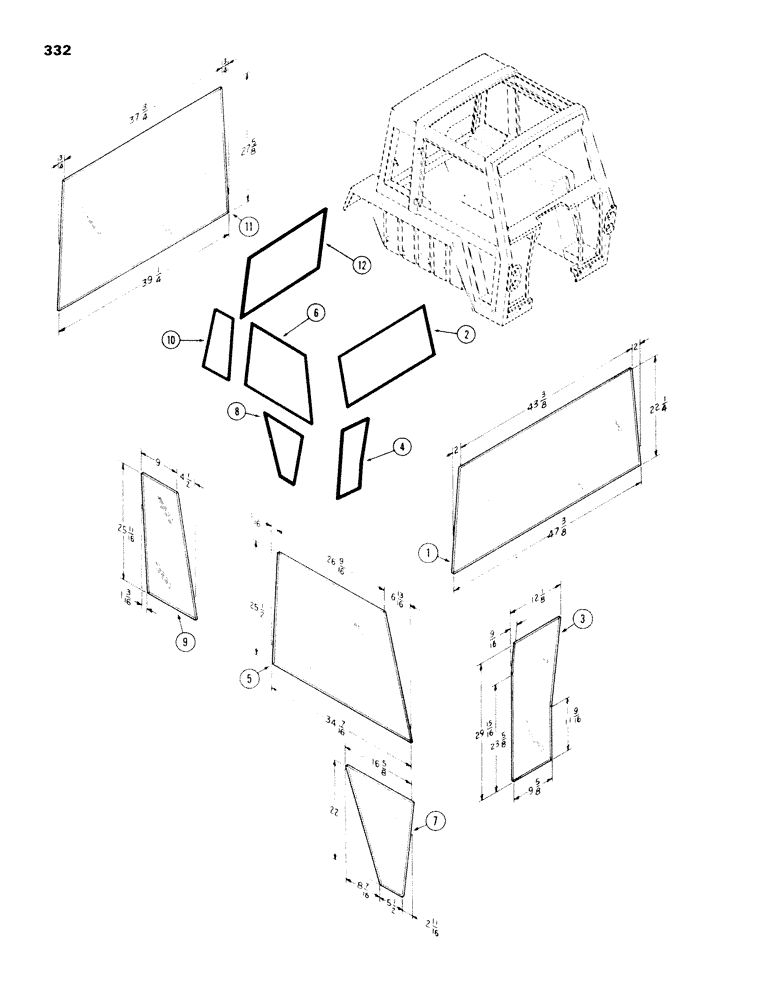 Схема запчастей Case IH 970 - (332) - CAB, GLASS, HINSON (09) - CHASSIS/ATTACHMENTS