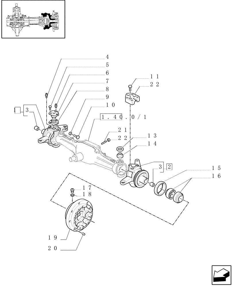 Схема запчастей Case IH JX100U - (1.40.0/23[02]) - (VAR.325) ELECTROHYD. FRONT DIFFENTIAL LOCK 40 KM/H, BRAKES AND MUDGUARDS - STEERING PIVOT PIN (04) - FRONT AXLE & STEERING